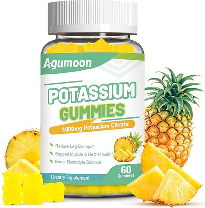 Potassium Gummies 1000mg, Potassium Citrate Gummies for Adults Women & Men, Chewable Potassium Supplement Support Leg Cramps & Muscle Health - Sugar Free, Vegan,60 Count