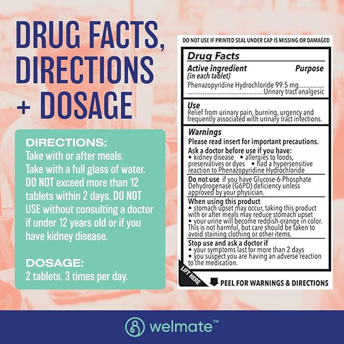 WELMATE Urinary Pain UTI Relief Maximum Strength (Phenazopyridine HCL) - Improve Urinary Tract Health & Bladder Control, Urgency, & Discomfort | Over-The-Counter Medication for Men & Women (72 Pills)