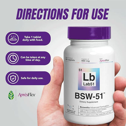 Boswellia Serrata AprèsFlex® Advanced Joint Support – BSW-51 with Hyaluronic Acid, Type II Collagen & Piperine – 30 Capsules, 860 mg Each – Supports Mobility, Flexibility & Cartilage Health