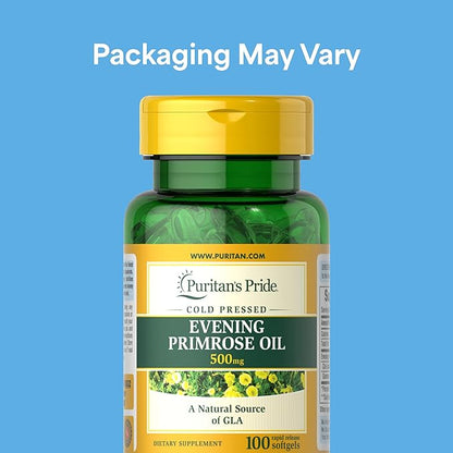 Puritan's Pride Cold Pressed Evening Primrose Oil 500 mg with GLA, Dietary Support Supplement for Womens and Skin Health, 100 Rapid Release Soft Gels