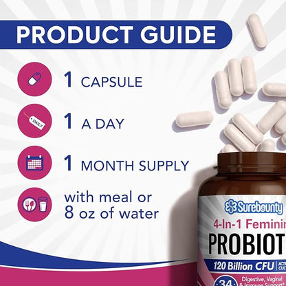 Probiotics for Women, 120 Billion CFU 34 Strains, Prebiotics, Digestive Enzymes, Cranberry, 4-in-1 Feminine Probiotic, Digestive, Vaginal, Immune Support, 60ct (Pack of 2)