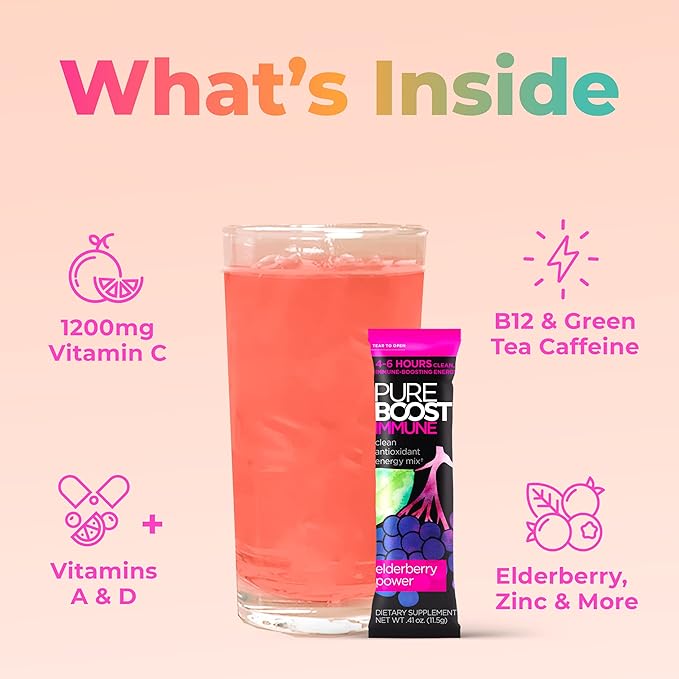 Pureboost Immune Clean Energy Booster, Refreshing Energy Drink Mix and Immunity Supplement with Elderberry, 1,200 mg Vitamin C, Vitamins A + D, and Zinc. Sugar-Free (Combo Pack, 30 Count)