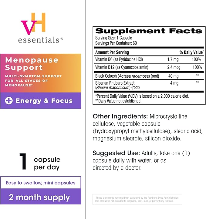 vH essentials Menopause Energy & Focus Support 60 Capsules – Multi-Symptom Support for All-Stages of Menopause: hot Flashes, Night Sweats, Mood Swings, Fatigue & Brain Fog