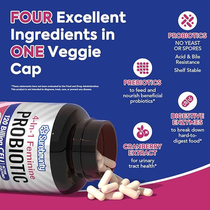 Probiotics for Women, 120 Billion CFU 34 Strains, Prebiotics, Digestive Enzymes, Cranberry, 4-in-1 Feminine Probiotic, Digestive, Vaginal, Immune Support, 30ct