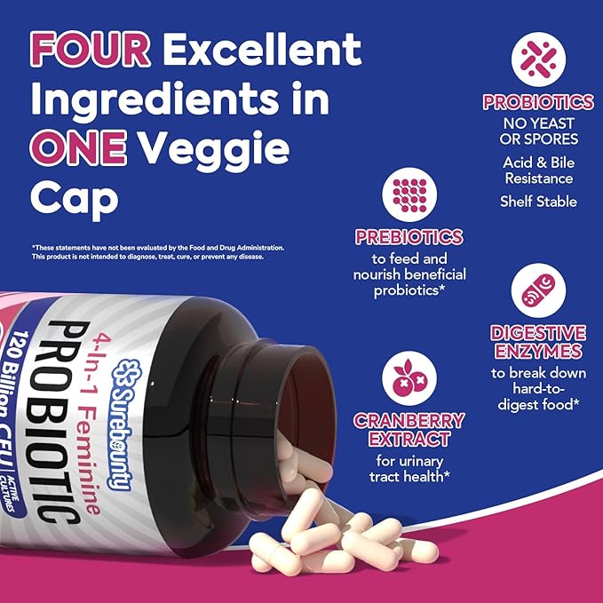 Probiotics for Women, 120 Billion CFU 34 Strains, Prebiotics, Digestive Enzymes, Cranberry, 4-in-1 Feminine Probiotic, Digestive, Vaginal, Immune Support, 60ct (Pack of 2)