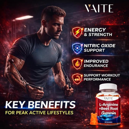 VAITE L Arginine Supplement Beet Root Gummies - Double Strength, Energy Boost, Circulation Support and Stamina, Organic Chewable Beets Supplements for Men and Women, Vegan Gummy, Non-GMO, Sugar-Free