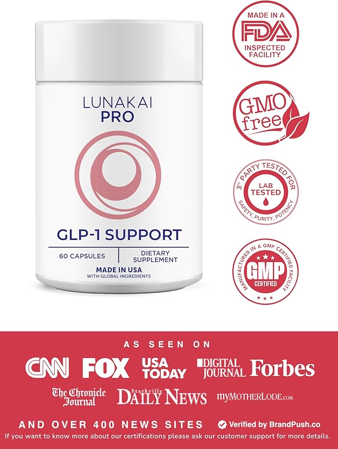 Lunakai PRO USA Made GLP-1 Supplement - Natural GLP 1 Support with Probiotics & Resveratrol – Supports Weight Management, Cravings & Metabolism, 60ct