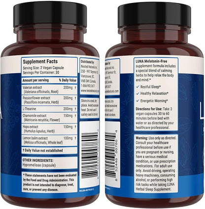 Nested Naturals Luna Sleep Supplement, Melatonin Free, Non-Habit Forming Herbal Sleep Supplement, Adult Bedtime Support, Help Sleeping w/Chamomile, Valerian, L-Theanine, 60 Vegan Capsules