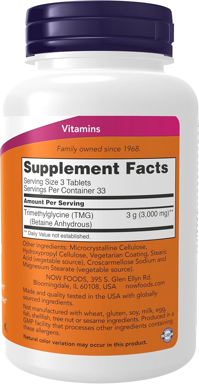 NOW Foods Supplements, TMG Betaine (Trimethylglycine) 1,000 mg, Liver Support*, 100 Tablets