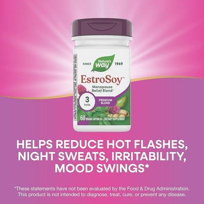 Nature's Way EstroSoy, Menopause Relief Blend*, Helps Relieve Menopausal Symptoms*, Black Cohosh, Fermented Soy Extracts, Red Clover, 60 Vegan Capsules (Packaging May Vary)