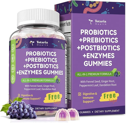 Sugar Free 5-in-1 Probiotic Prebiotic Postbiotic Gummy, 36 Strains Probiotics for Women Men with Digestive Enzymes, Peppermint, Complete Immune, Gut & Digestive Support, Vegan, 60 Ct, Grape Flavor