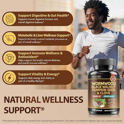 Wormwood Black Walnut Clove Cleanse for Humans - Natural Gut Cleanse & Digestive Health with Pumpkin Seed Garlic Oregano Neem Papaya Turmeric Diatomaceous Earth Probiotic Supplement Vegan Capsules
