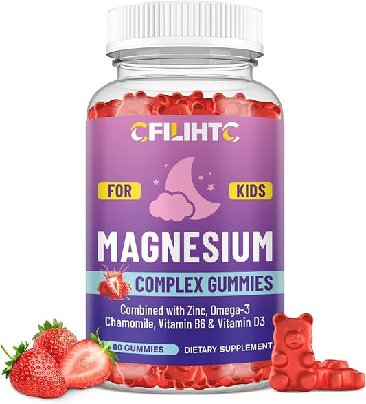 Kids Magnesium Gummies-Magnesium Glycinate Gummies for Kids Supplement-w/Zinc, Chamomile, Omega-3, Vitamin B6, D3 - for Sleep, Relaxation, Brain, Bones, Children's Calm, Sugar Free Strawberry 60ct