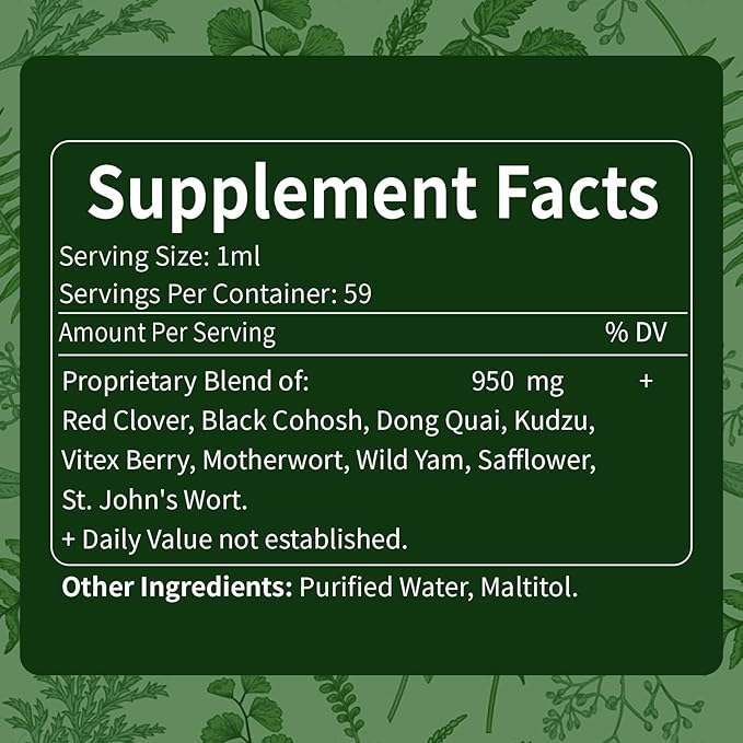 Red Clover Extract Menopause Support Drops for Women Health Balance, Dong Quai & Black Cohosh Supplement Tincture for Hot Flashes Relief, Bone Health Support w/Wild Yam. 2oz