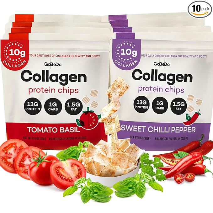 GoBeDo Collagen Protein Chips – First Collagen-Based Snack, 13g Protein, Low Carb, Keto Friendly, Healthy Chips & Crisps, Alternative to Collagen Powder, Gluten-Free, 10 Bags Variety Pack