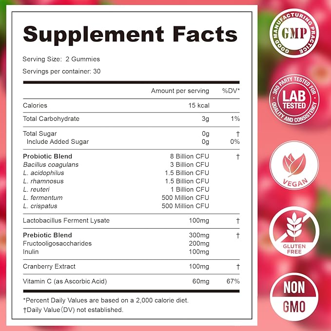 Women Probiotic Gummies - Viginal Probiotics for Women, Feminine pH Balance Supplement, Prebiotic Chewable Gummy, for Vaginal Health, Yeast Balance, Immune Defense, Healthy Odor, Cranberry, 60 Count
