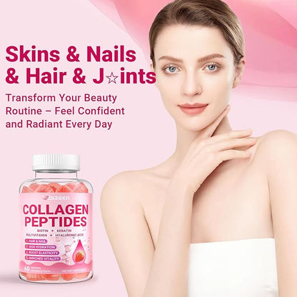 Collagen Gummies for Women - Sugar-Free Hydrolyzed Collagen Gummy with Biotin, Hyaluronic Acid & MultiVitamins, Type I, II, III, V & X Collagen Peptides - Promote Skin/Hair/Nail/Bones, 60 Cts