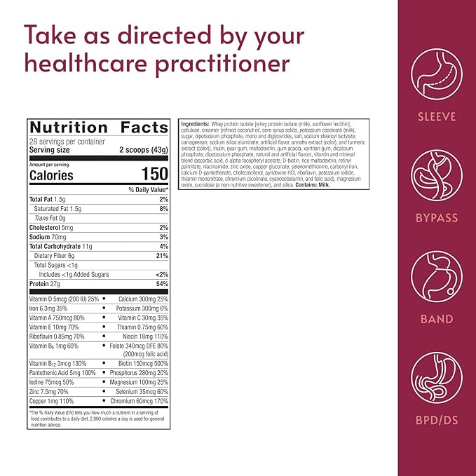 Bariatric Advantage High Protein Meal Replacement Drink Mix, Protein Powder Whey Isolate for Gastric Bypass and Sleeve Gastrectomy Patients, 27g Protein, Lactose Free - Vanilla - 28 Servings