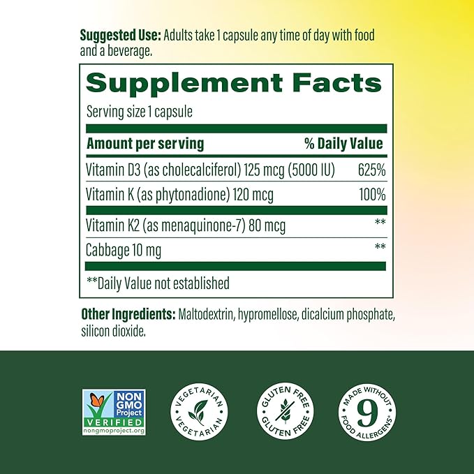 MegaFood Vitamin D3 5000 IU (125 mcg) - Vegetarian Supplements with Vitamin D3 K2 - Supports Bones, Teeth, Muscles & Immune Health - Certified Non-GMO - 120 Mini Capsules, 120 Servings (Pack of 2)