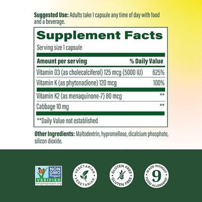 MegaFood Vitamin D3 5000 IU (125 mcg) - Vegetarian Supplements with Vitamin D3 K2 - Supports Bones, Teeth, Muscles & Immune Health - Certified Non-GMO - 60 Mini Capsules, 60 Servings