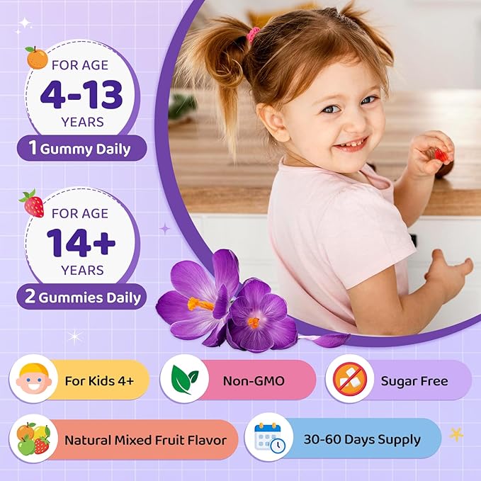 Saffron Gummies for Kids & Adults, 20-in-1 Saffron Supplements with 88.5mg Saffron Extract, B6, B12, C, D3, Magnesium for Calm, Focus, Nerve, Sugar Free, Vegan, Non-GMO - Mixed Fruit Flavor, 60 Counts