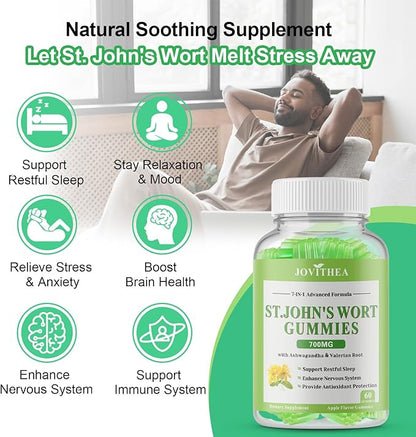 2 Pack St John's Wort Gummies 700mg, Natural Herbal Supplement for Adults & Kids, Support Calm, Relaxation & Brain Health, Vegan, Non-GMO, Gluten Free, Apple Flavor, 120 Count