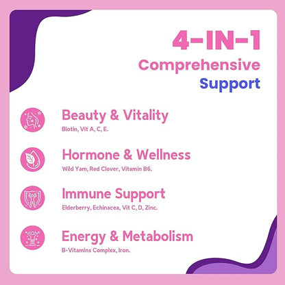 All-in-One Women's Multivitamin Gummies with Complete Vitamin & Mineral Complex, Herbal Blends for Energy, Overall Health, High Potency Hair Skin and Nails Vitamins, Strawberry Flavor, 2 Pack