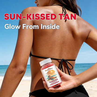 Tanning Gummies Supplement for Women Men: Daily Bronzing Tanning Gummies with Astaxanthin Beta-Carotene L-Tyrosine Lycopene, Melanin Supplement for Natural Glow Healthy Skin Sun Sensitivity Vegan 60CT