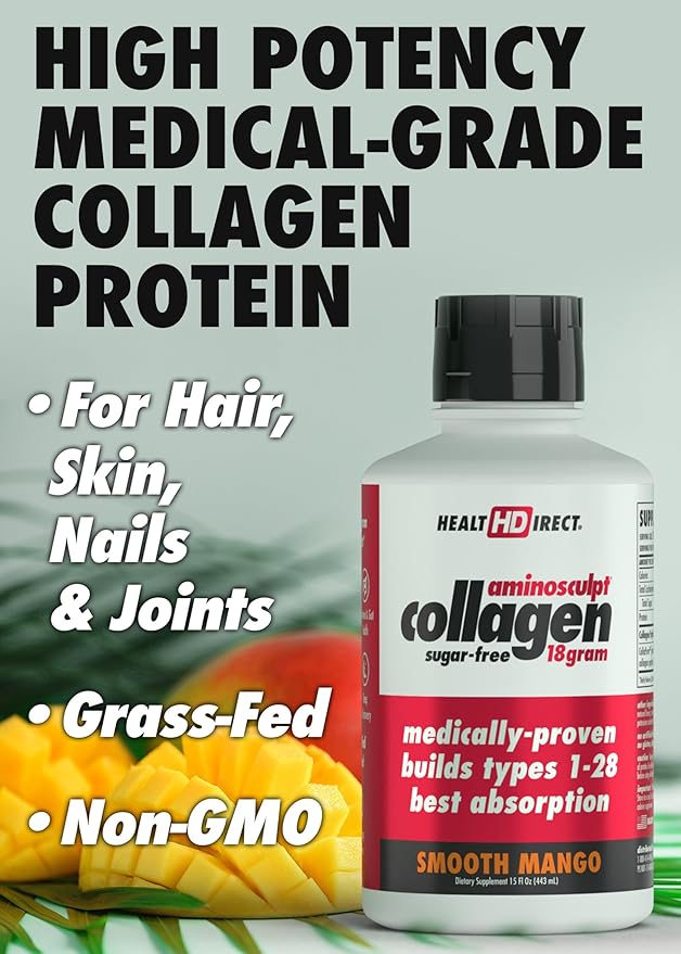 HEALTH DIRECT AminoSculpt Sugar-Free Collagen Supplement - High Potency Medical-Grade Protein for Hair, Skin, Nails & Joints, Grass-Fed, Non-GMO, Liquid Collagen - Smooth Mango - 15 Fl Oz
