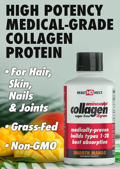 HEALTH DIRECT AminoSculpt Sugar-Free Collagen Supplement - High Potency Medical-Grade Protein for Hair, Skin, Nails & Joints, Grass-Fed, Non-GMO, Liquid Collagen - Smooth Mango - 15 Fl Oz