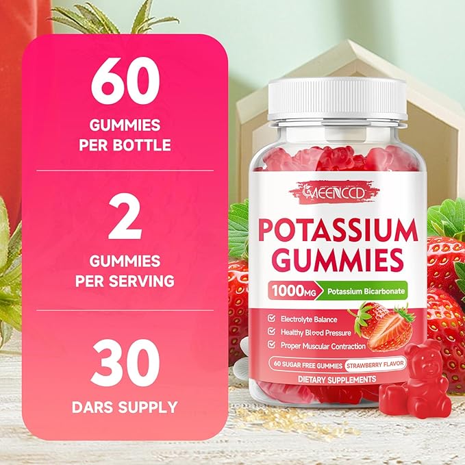 Potassium Gummies, Potassium Bicarbonate Supplement for Adults & Kids, Potassium Supplement for Electrolyte Balance & Muscle Heath, Sugar-Free, Strawberry Flavor, 60 Count