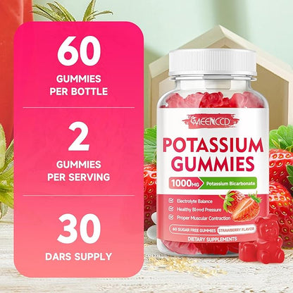 Potassium Gummies, Potassium Bicarbonate Supplement for Adults & Kids, Potassium Supplement for Electrolyte Balance & Muscle Heath, Sugar-Free, Strawberry Flavor, 60 Count