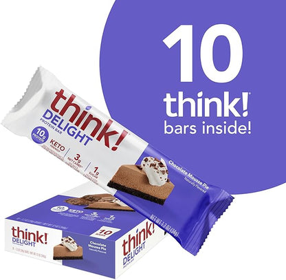 think! Delight, Keto Protein Bars, Healthy Low Carb, Gluten Free Snack - Chocolate Mousse Pie, 10 Count (Packaging May Vary)
