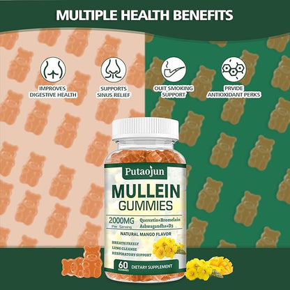 2 Packs Organic Mullein Gummies for Lungs, 2000MG Mullein Leaf Extract Supplement | Quercetin, Bromelain for Respiratory & Immune Support | Vegan, Sugr-Free, Mango Flavor | 120 Count