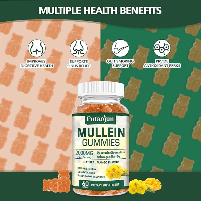 1 Pack Organic Mullein Gummies for Lungs, 2000MG Mullein Leaf Extract Supplement | Quercetin, Bromelain for Respiratory & Immune Support | Vegan, Sugr-Free, Mango Flavor | 60 Count