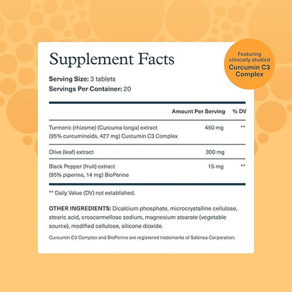 Youtheory Turmeric - 450 mg - with Black Pepper & Olive Leaf - Supports Joint & Brain Health* - Contains Bioenhancers, Curcuminoids & Herbal Extracts - 60 Tablets (20-Day Supply)