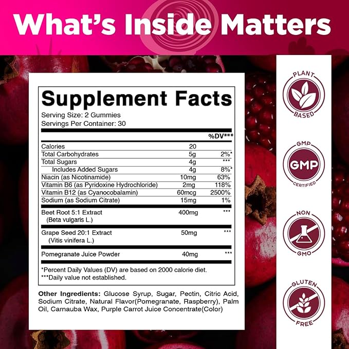 Vitamatic Beet Root Gummies with B6, B12, Grape Seed, Pomegranate & Nicotinamide – Plant-Based Extract – Vegan, Non-GMO – Botanical Supplement Gummies – 60 Count - 2 Pack (120 Count)
