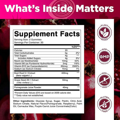 Vitamatic Beet Root Gummies with B6, B12, Grape Seed, Pomegranate & Nicotinamide – Plant-Based Extract – Vegan, Non-GMO – Botanical Supplement Gummies – 60 Count - 2 Pack (120 Count)