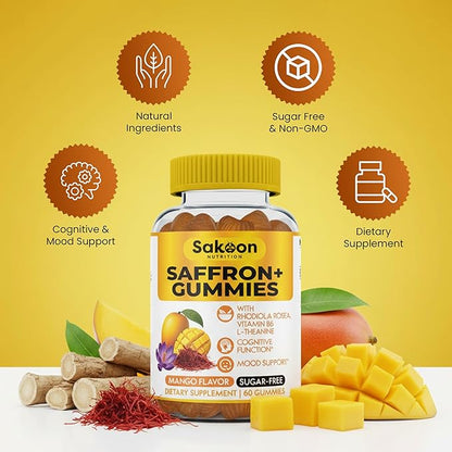 Saffron Gummies for Mood Boost & Stress Relief | Saffron Extract with 150mg Rhodiola Rosea & L-Theanine | Sugar Free Mango Flavor | Focus & Energy Supplement for Women & Men | 60 Count