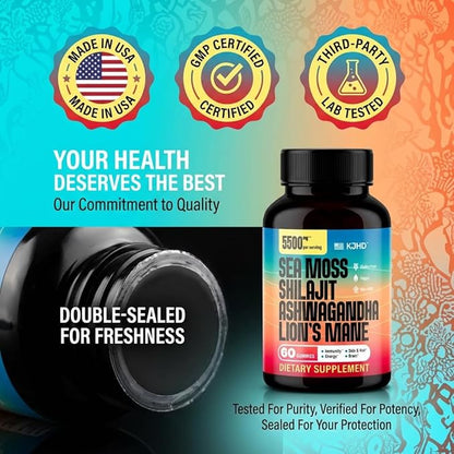 KJHD Shilajit Ashwagandha Gummies with Sea Moss, Beet Root, Lion’s Mane Mushroom & Black Seed Oil – Organic Herbal Superfood Supplement – 60 Vegan Gummies