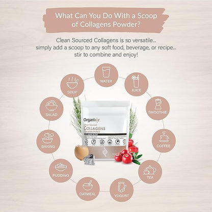 Organixx Clean Sourced Collagen Peptides Powder with Vitamin C, Types I, II, III, V, X Hydrolyzed Collagen, Hair, Nail, Skin, Bone & Joint Health, Aging Support, Gluten Free, Unflavored, 15 Servings