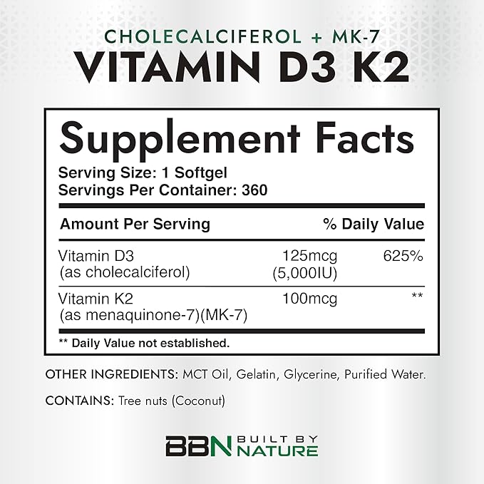 Built by Nature Vitamin D3 K2 5000 IU + 100 mcg MK-7 - Extra Strength, High Absorption - Bone, Heart & Immune Support - Coconut MCT Oil - Non-GMO – 1 Year Supply - 360 Softgels