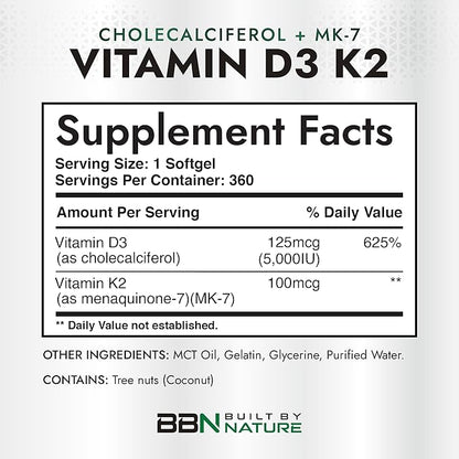 Built by Nature Vitamin D3 K2 5000 IU + 100 mcg MK-7 - Extra Strength, High Absorption - Bone, Heart & Immune Support - Coconut MCT Oil - Non-GMO – 1 Year Supply - 360 Softgels