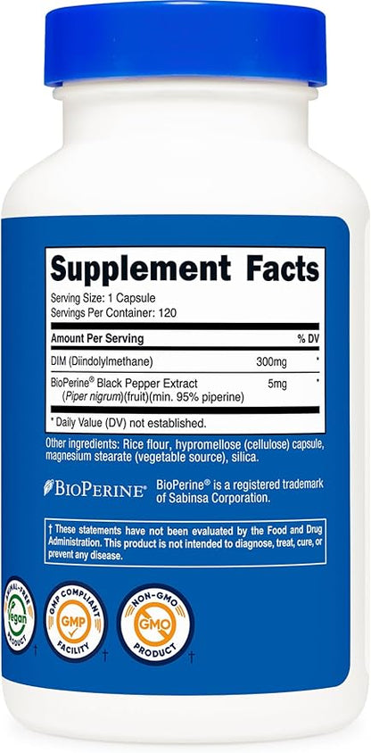 Nutricost DIM (Diindolylmethane) Plus BioPerine 300mg, 120 Vegetarian Capsules - Up to 4 Month Supply, Max Strength DIM Supplement