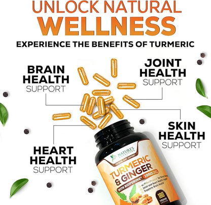 Turmeric Curcumin Supplement - 95% Curcuminoids with Organic Turmeric & Ginger, BioPerine Black Pepper Extract for Best Absorption, Natural Vegan Joint Support, Non-GMO, Bottled in USA - 180 Capsules