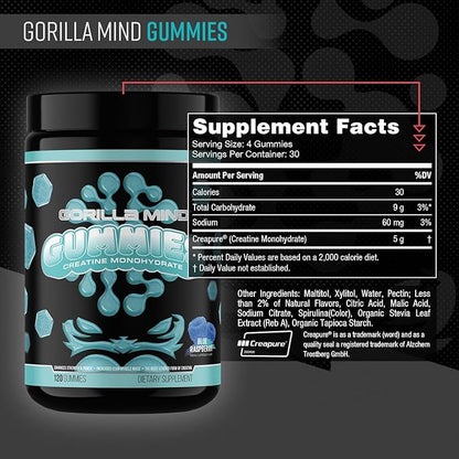 Gorilla Mind Creatine Gummies - Third-Party HPLC Tested | 5g Creapure® Creatine Monohydrate | Verified Potency & Purity | Strength · Power · Lean Muscle | No Added Sugar | Blue Raspberry Flavor