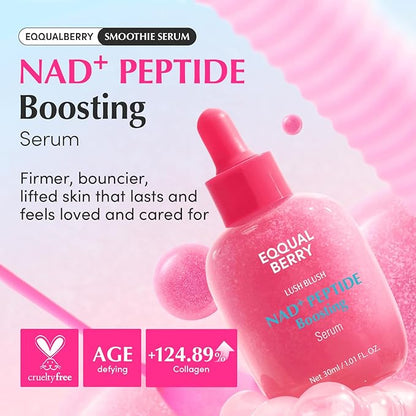 EQQUALBERRY NAD+ Peptide Boosting Serum – Niacinamide 2% + 14 Peptides + Vegan Collagen Anti-Aging Korean Skincare Face & Neck & Body Serum | Firming & Lifting Pink Serum (1.01oz / 30ml)