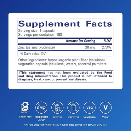 Pure Encapsulations Zinc 30 mg - Supplement for Immune System Support, Growth and Development, and Wound Healing* - with Zinc Picolinate 30 mg - 180 Capsules