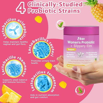 Feminine Vaginal Probiotics Gummies, Supports pH Balance & Digestive Health, Slippery Elm for Women, Suagr-Free, Veagn, Pineapple Flavor, 120 Count