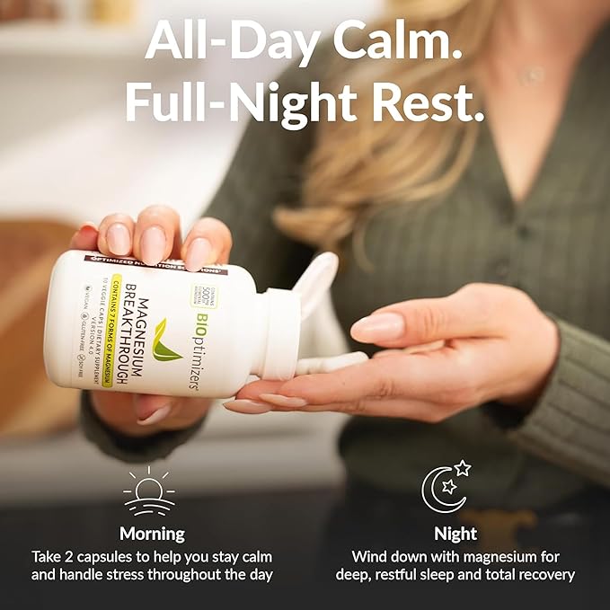 BIOptimizers Magnesium Breakthrough Supplement with 500mg - 7 Forms of Magnesium: Glycinate, Malate, Citrate, and More - Natural Support for Sleep and Cognitive Function -30 Capsules- Calming Vitamins